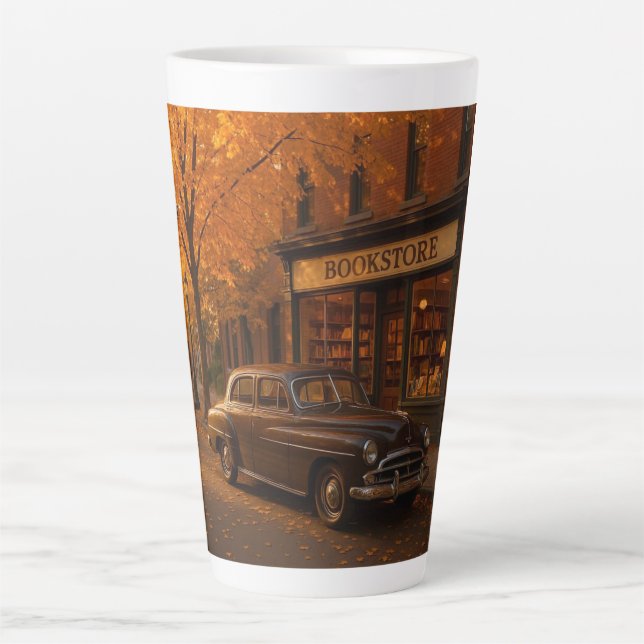 Vintage Fall/Autumn bookstore & car Latte Mug (Front)
