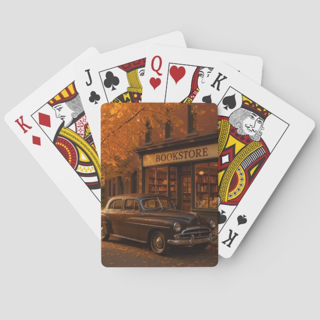 Vintage Fall/Autumn bookstore & car Playing Cards (Back)