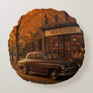 Vintage Fall/Autumn bookstore & car Round Cushion