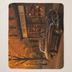 Vintage Fall/Autumn bookstore & car Sherpa Blanket