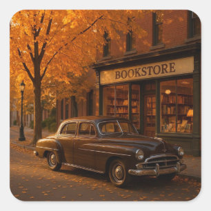 Vintage Fall/Autumn bookstore & car Square Sticker