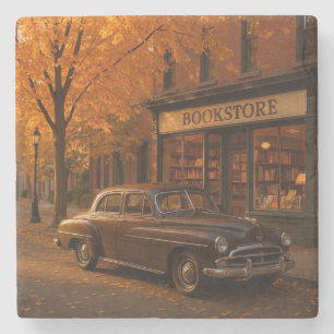 Vintage Fall/Autumn bookstore & car Stone Coaster