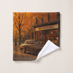 Vintage Fall/Autumn bookstore & car  Wash Cloth