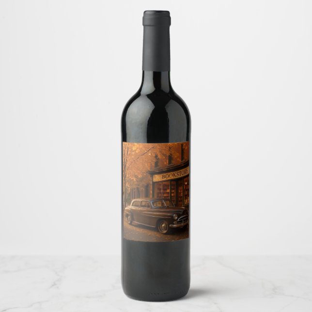 Vintage Fall/Autumn bookstore & car Wine Label (Front)