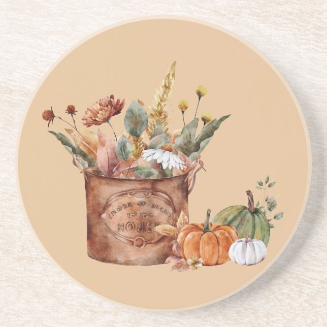Vintage Fall Autumn Floral Arrangement & Pumpkins Coaster (Front)