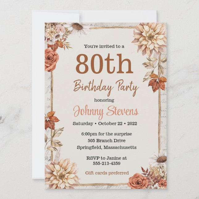 Vintage Fall Autumn Foliage Birthday Party Card (Front)