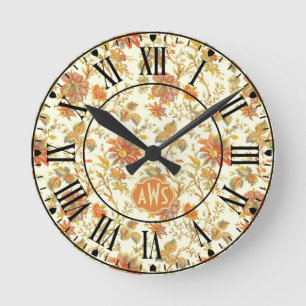 Vintage Fall Floral Leaves Orange Monogram Round Clock