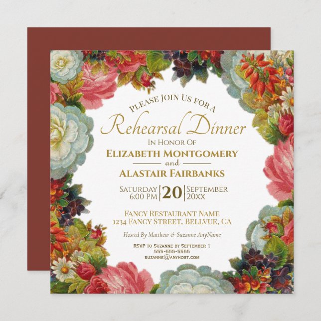 Vintage Fall Floral Wedding Rehearsal Dinner Invitation (Front/Back)