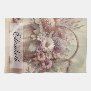 Vintage Fall flowers pastel watercolor painting  Tea Towel