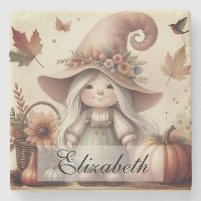 Vintage Fall Gnomes with Autumn leaves  Stone Coaster (Front)