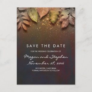 Vintage Fall Leaves and Gold Glitter Save the Date Announcement Postcard