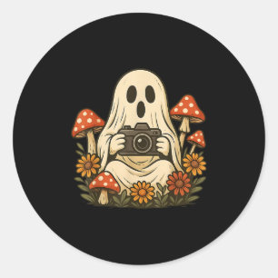 Vintage Fall Mushroom Ghost With Camera Woodland H Classic Round Sticker