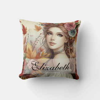 Vintage Fall Princess with Autumn leaves Cushion