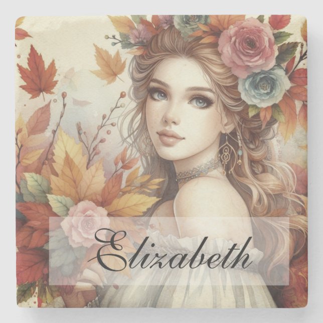 Vintage Fall Princess with Autumn leaves  Stone Coaster (Front)