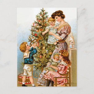 Vintage Family Christmas Tree Decorating Holiday Postcard