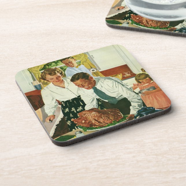 Vintage Family Cooking Thanksgiving Dinner Kitchen Coaster (Left Side)