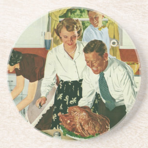 Vintage Family Cooking Thanksgiving Dinner Kitchen Coaster