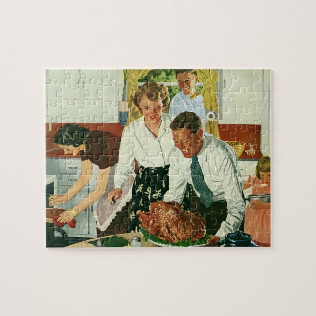 Vintage Family Cooking Thanksgiving Dinner Kitchen Jigsaw Puzzle (Horizontal)