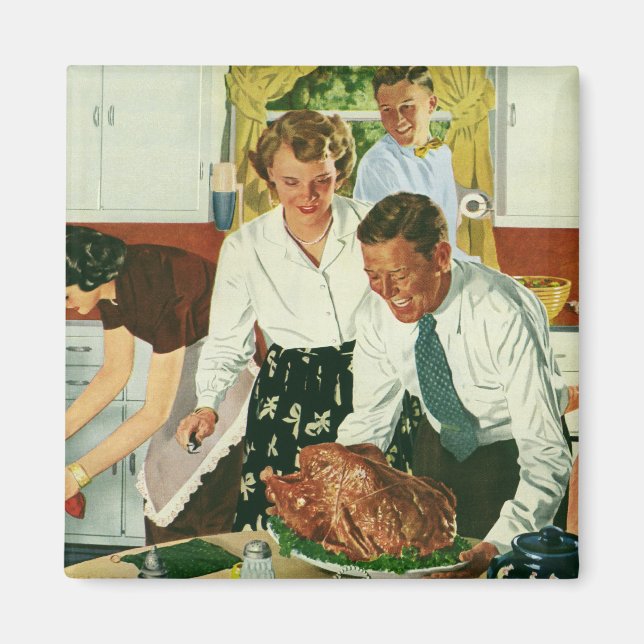 Vintage Family Cooking Thanksgiving Dinner Kitchen Magnet (Front)