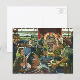Vintage Family Dinner at a Diner with a Jukebox Postcard