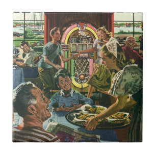 Vintage Family Dinner at a Diner with a Jukebox Tile