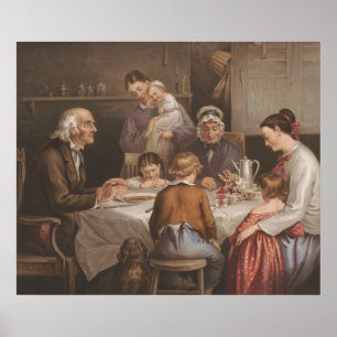 Vintage Family Dinner Prayer Lithograph Poster