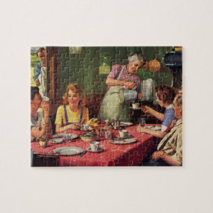 Vintage Family Eating Breakfast in the Kitchen Jigsaw Puzzle