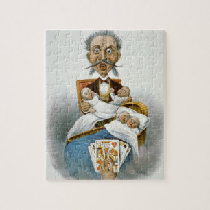 Vintage Family, Father with Babies and Poker Hand Jigsaw Puzzle