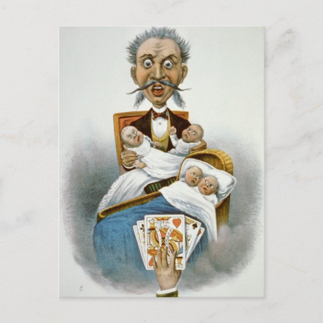 Vintage Family, Father with Babies and Poker Hand Postcard (Front)