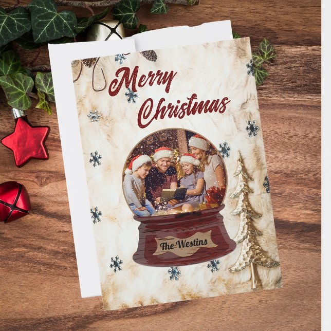 Vintage Family Holiday Photo in Snow Globe Card (Creator Uploaded)