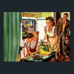 Vintage Family in the Kitchen Mum Dad Kids Snack Poster<br><div class="desc">Vintage illustration daily life scene featuring a family with mum and the children in the kitchen about to have an afternoon snack with bottles of soda and fresh baked cookies. The refrigerator door is open and dad is walking in from a long hard day at work.</div>