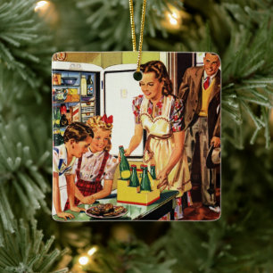 Vintage Family, Mum with Kids, Snacks in Kitchen  Ceramic Tree Decoration