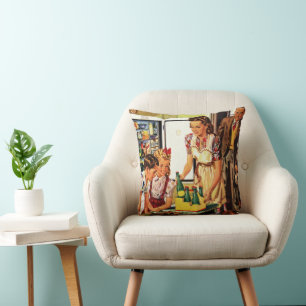 Vintage Family, Mum with Kids, Snacks in Kitchen  Cushion
