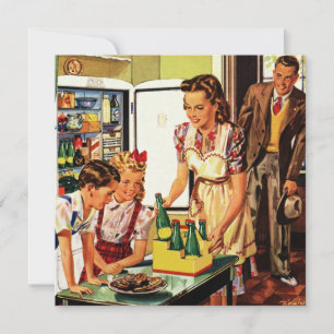 Vintage Family, Mum with Kids, Snacks in Kitchen  Invitation