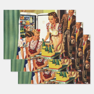 Vintage Family, Mum with Kids, Snacks in Kitchen  Wrapping Paper Sheet