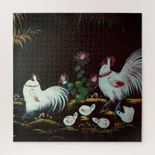 Vintage Family of Chickens Metal Wall Art Print Jigsaw Puzzle