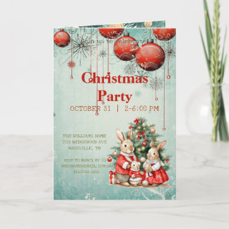 Vintage family of rabbits under the Christmas tree Invitation