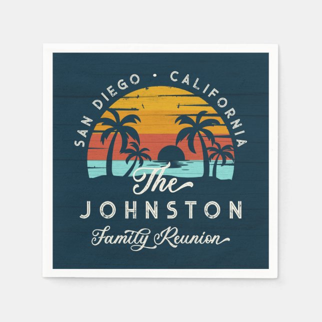 Vintage Family Reunion Retro Sunset Beach Palms  Napkin (Front)