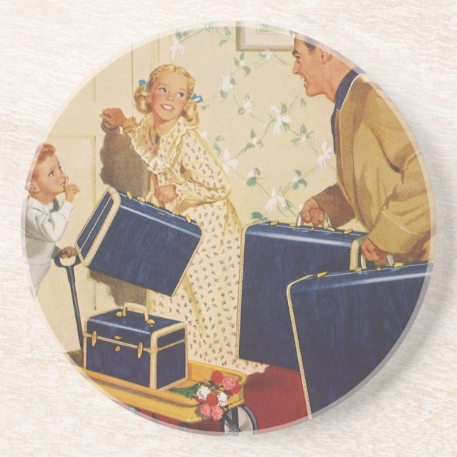 Vintage Family Vacation, Dad, Kids and Suitcases Coaster (Front)