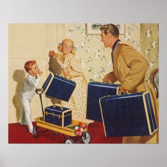Vintage Family Vacation, Dad, Kids and Suitcases Poster (Front)