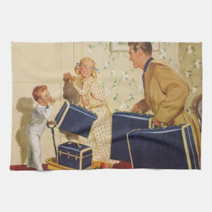 Vintage Family Vacation, Dad, Kids and Suitcases Tea Towel