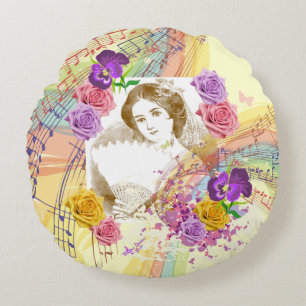 Vintage Fan Lady Music&Flowers Yellow Round Pillow