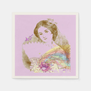 Vintage Fan Lady Pink Ecru Cocktail Paper Napkins