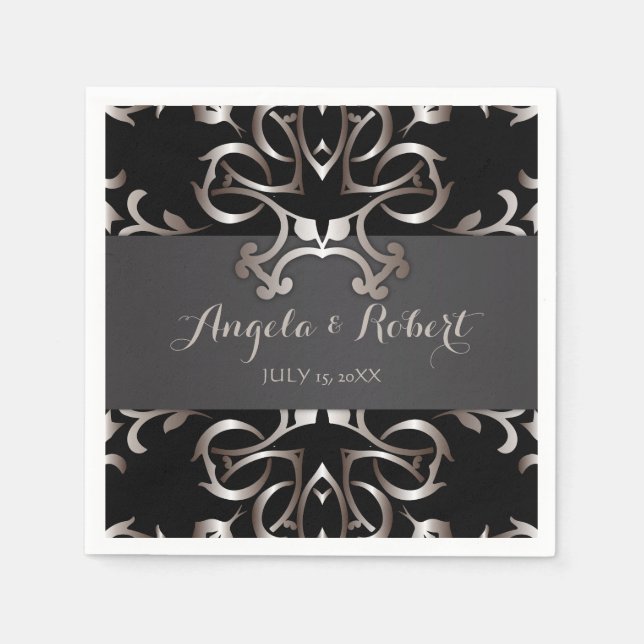 Vintage Fancy Elegant Bronze Black Baroque Wedding Napkin (Front)