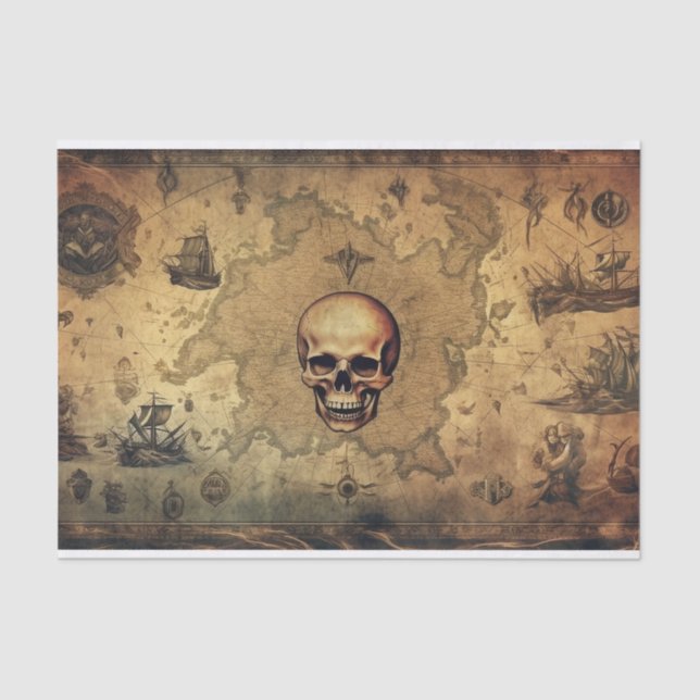 Vintage Fantasy Map Pirates Skull Decoupage Tissue Paper (Front)