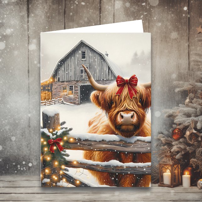 Vintage Farm and Cute Highland Cow Christmas  Card (Creator Uploaded)