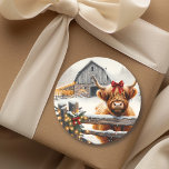 Vintage Farm and Cute Highland Cow Christmas  Classic Round Sticker<br><div class="desc">Personalised farm themed Christmas stickers. A vintage farm with a baby Highland cow standing outside on a snowy winter day.</div>