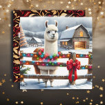 Vintage Farm and Cute Llama Christmas  Card<br><div class="desc">Personalised farm themed square Christmas card. A vintage farm with a LLama standing outside on a snowy winter day.</div>