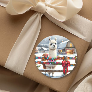 Vintage Farm and Cute Llama Christmas Classic Round Sticker