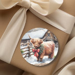 Vintage Farm and Highland Cow Christmas  Classic Round Sticker<br><div class="desc">Personalised square Christmas stickers. A vintage farm with a baby Highland cow standing outside on a snowy winter day.</div>